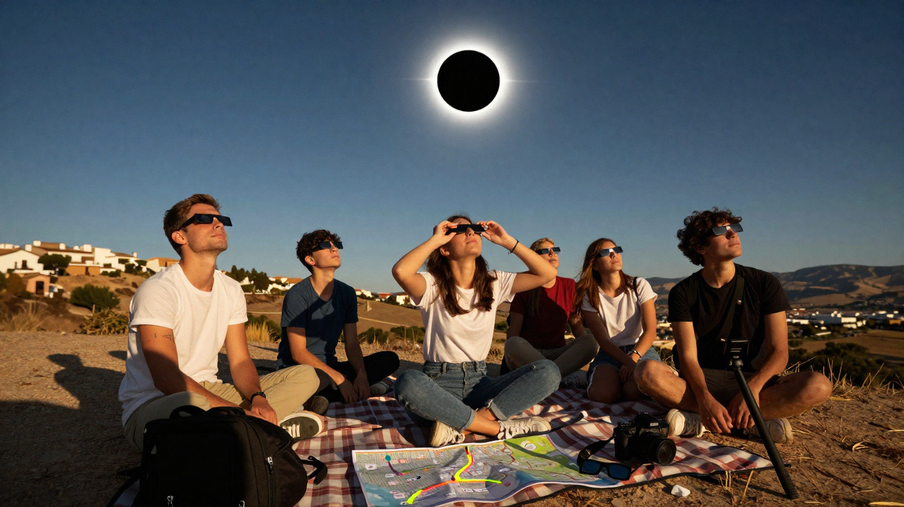 Seis pessoas sentadas em um campo assistindo a um eclipse solar com óculos especiais.