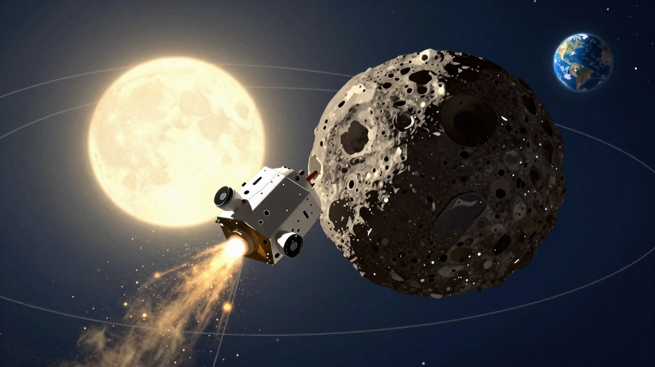 Ilustração de nave espacial se aproximando de asteroide com Sol ao fundo e Terra ao longe no espaço.