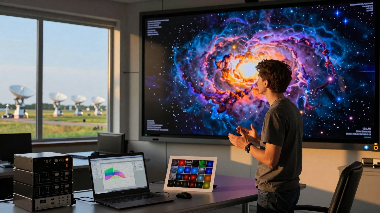 Pessoa em laboratório observando imagem colorida de galáxia em grande tela, com antenas parabólicas ao fundo.