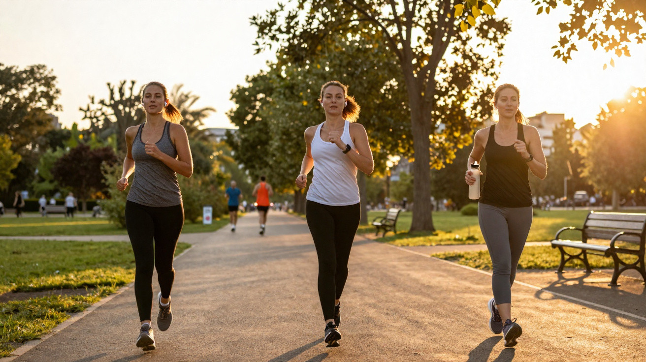Três mulheres correndo em parque ao entardecer, com árvores e bancos ao redor.