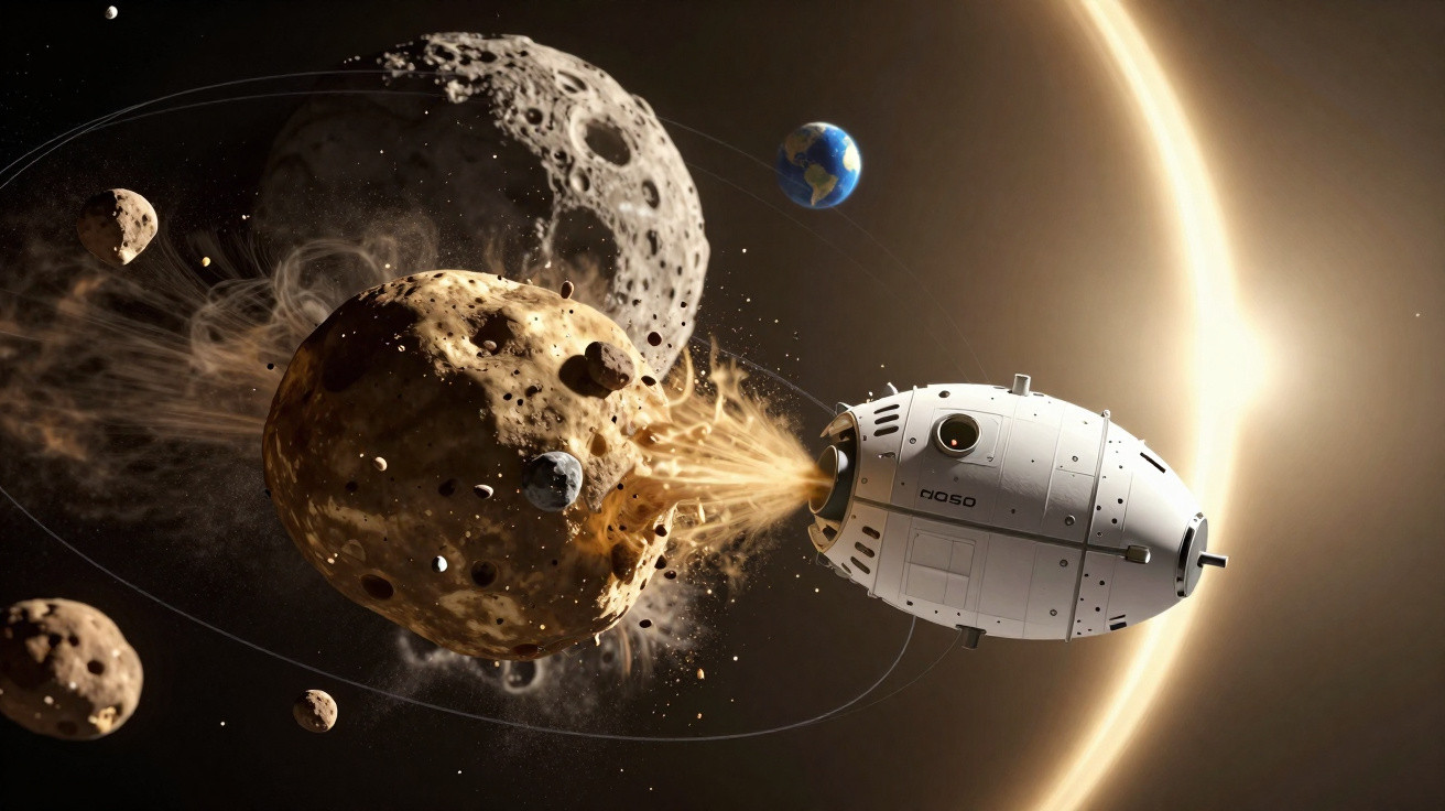 Nave espacial brasileira perfurando um asteroide no espaço com a Terra e outro planeta ao fundo.