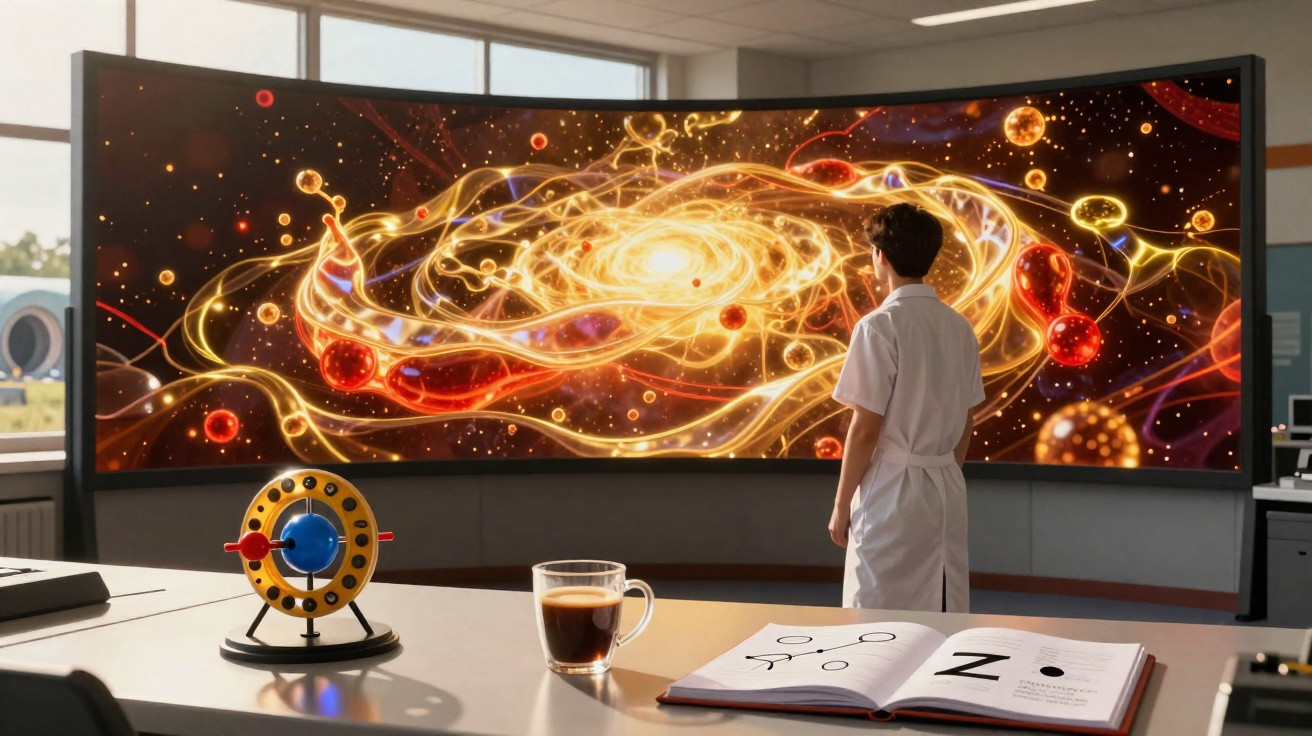 Pessoa observando um grande painel curvo com representação colorida e abstrata do universo e galáxias em laboratório.