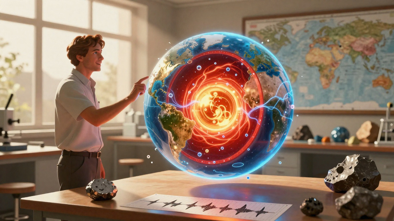 Homem interage com modelo holográfico do núcleo da Terra em sala de aula com mapa e meteoritos.