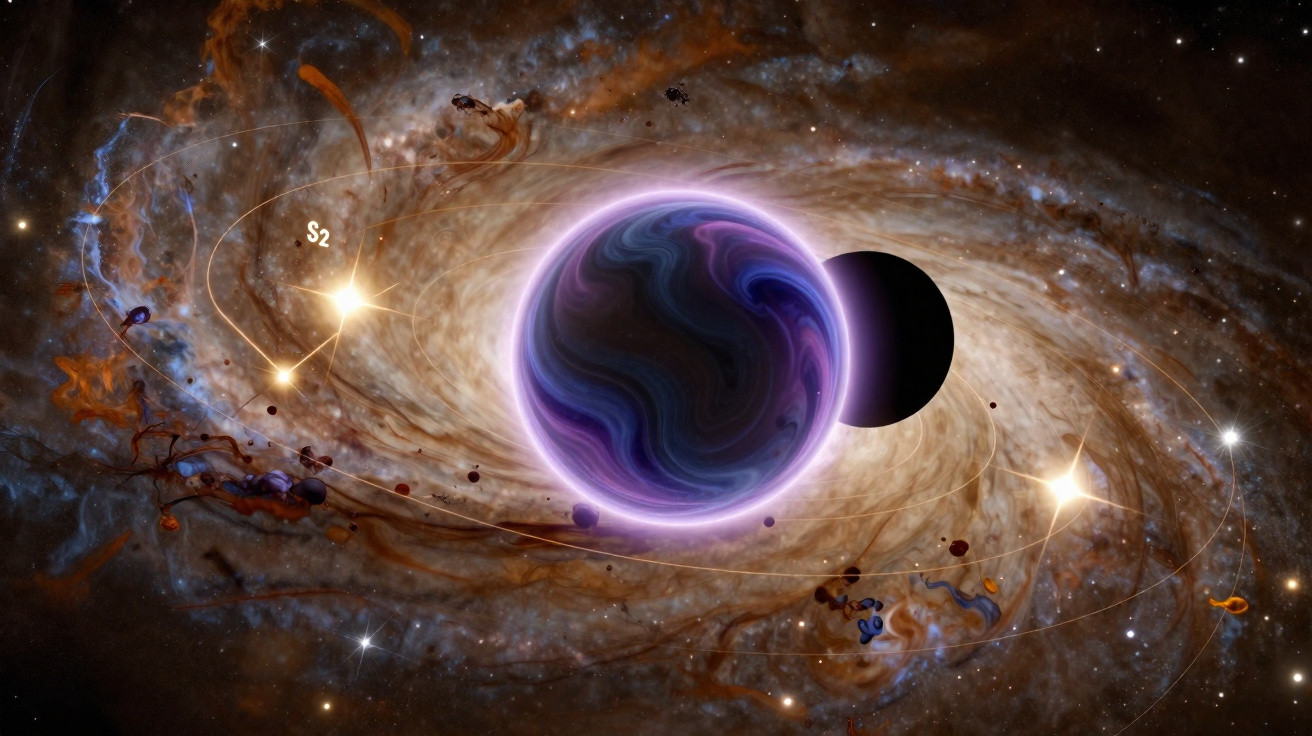 Planeta roxo brilhante e lua escura orbitando no espaço com estrelas e poeira cósmica ao fundo.