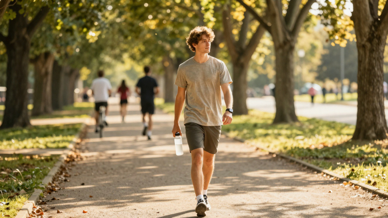 Jovem caminhando em parque ensolarado segurando garrafa de água, com pessoas ao fundo.