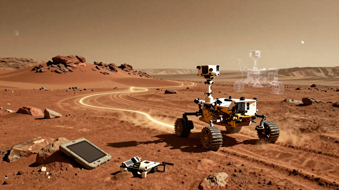 Rover explorando superfície vermelha de Marte com drone e tablet próximos sob céu marrom.