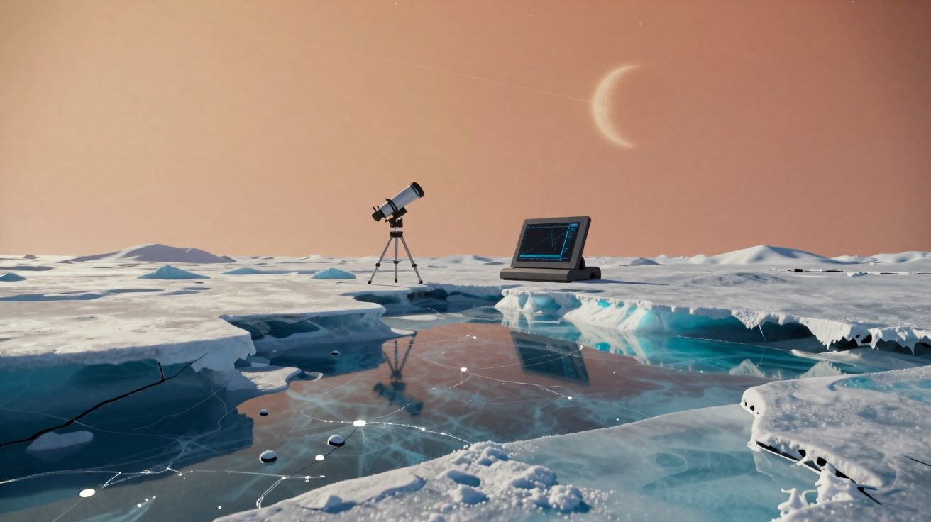 Superfície gelada com fendas, telescópio e laptop sob céu alaranjado com lua crescente.