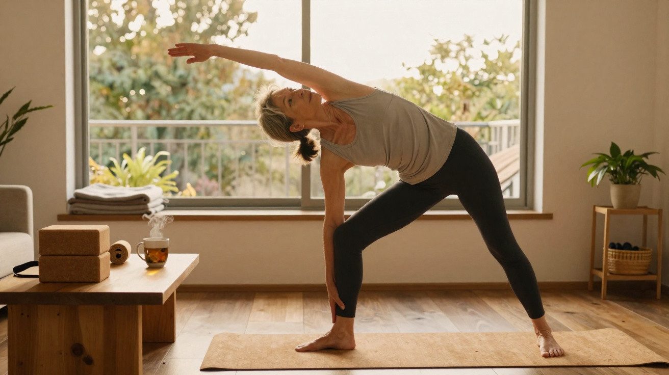 Mulher fazendo yoga em sala iluminada, esticando braço enquanto segura perna em tapete de yoga.