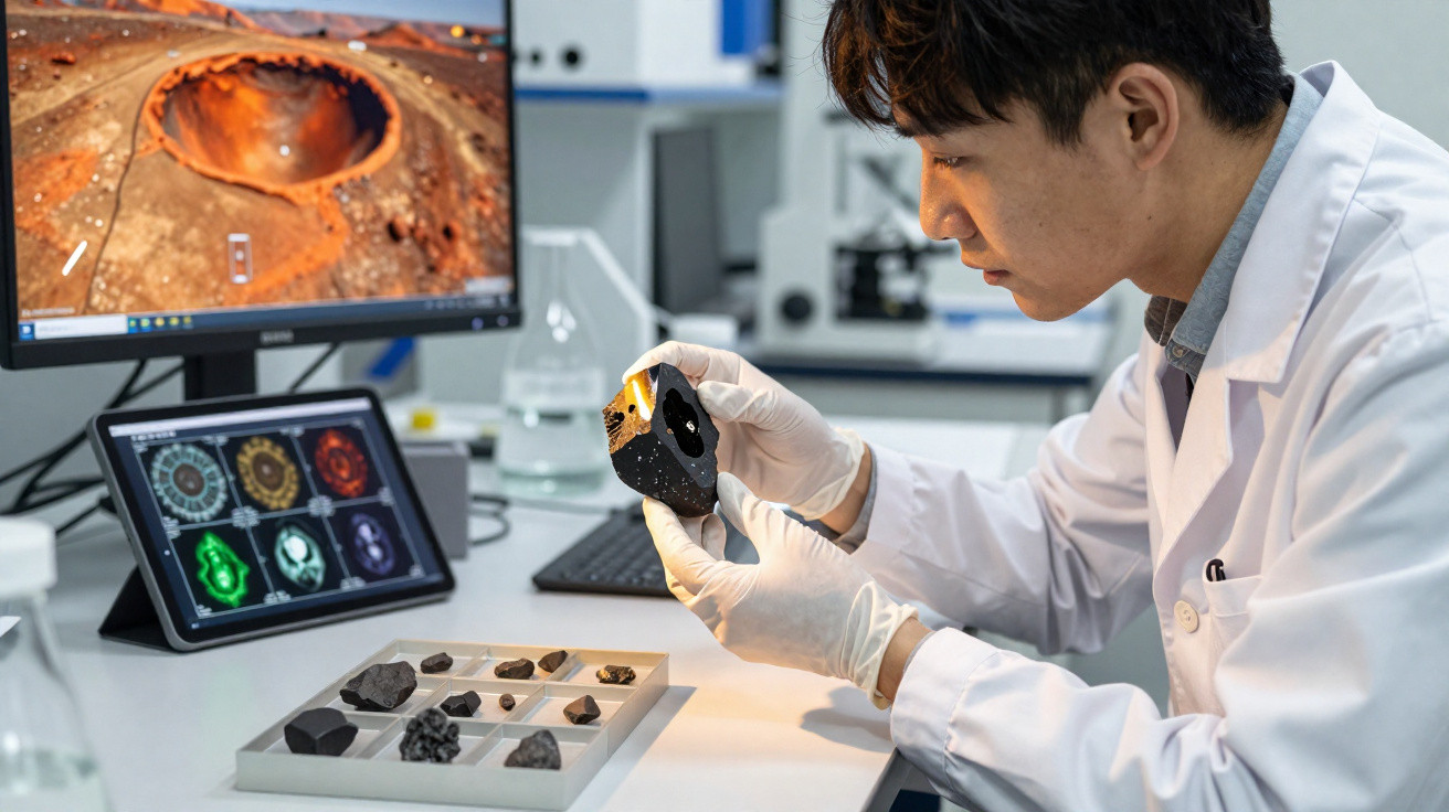 Cientista analisando amostra de rocha com imagens geológicas em telas ao fundo em laboratório.