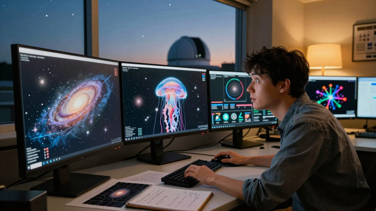 Jovem analisando imagens científicas de galáxia e água-viva em múltiplos monitores no laboratório à noite.