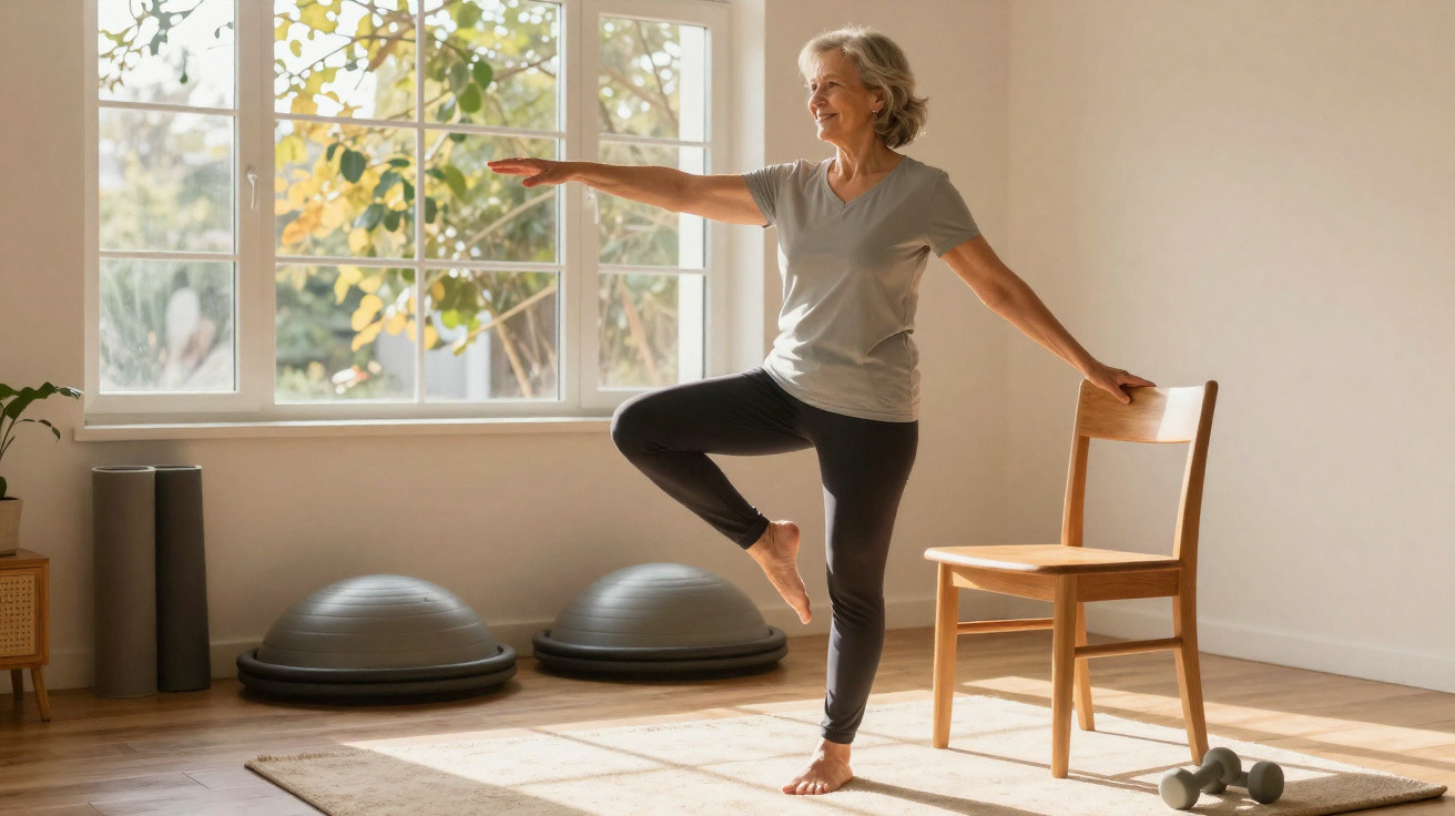 Mulher idosa praticando exercícios em casa, equilibrando-se com uma mão na cadeira perto da janela.