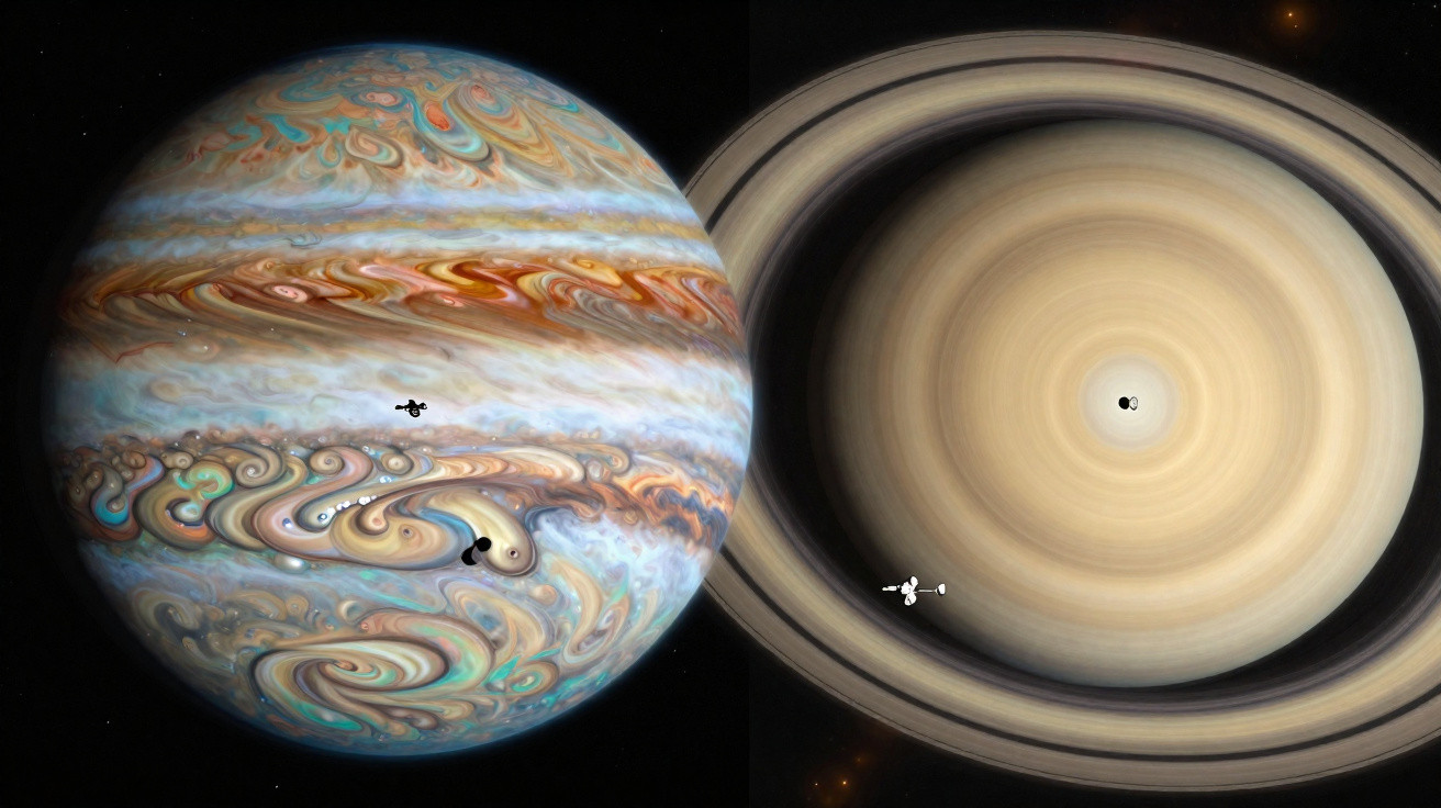 Planetas Júpiter e Saturno lado a lado com espaçonaves em destaque no espaço escuro ao fundo.