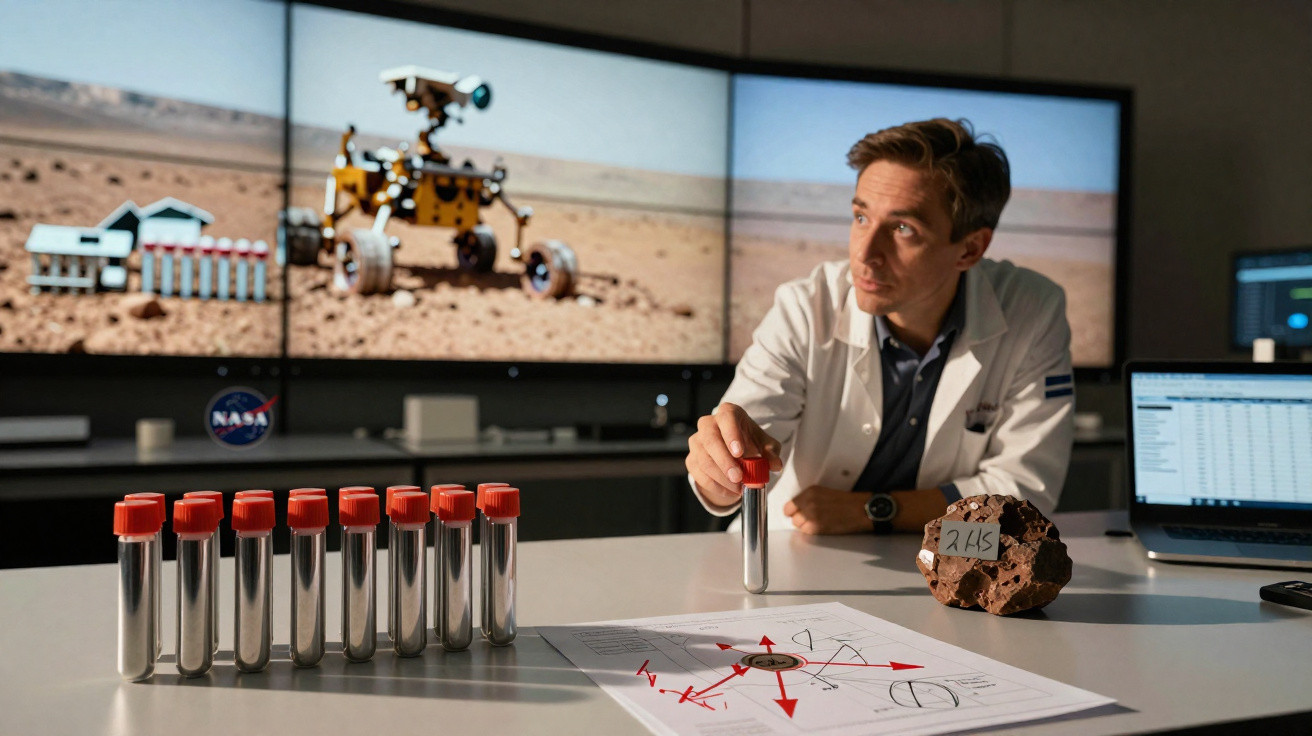 Cientista em laboratório com tubos de ensaio, amostra de rocha e imagens de rover em tela ao fundo.