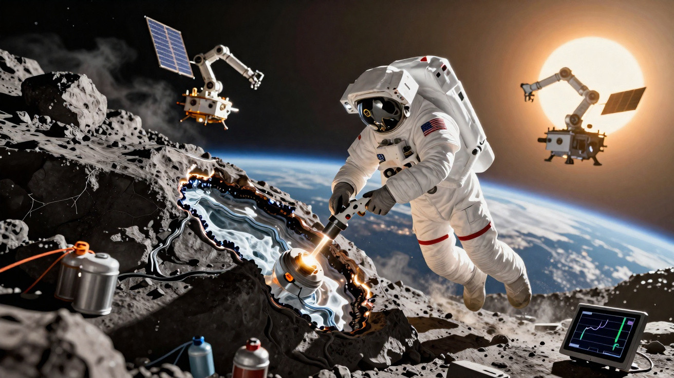 Astronauta americano coleta amostra em asteroide com sondas e Terra ao fundo.