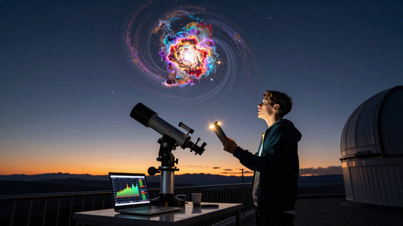 Jovem usando telescópio observa céu noturno com galáxia colorida digital sobreposta acima.
