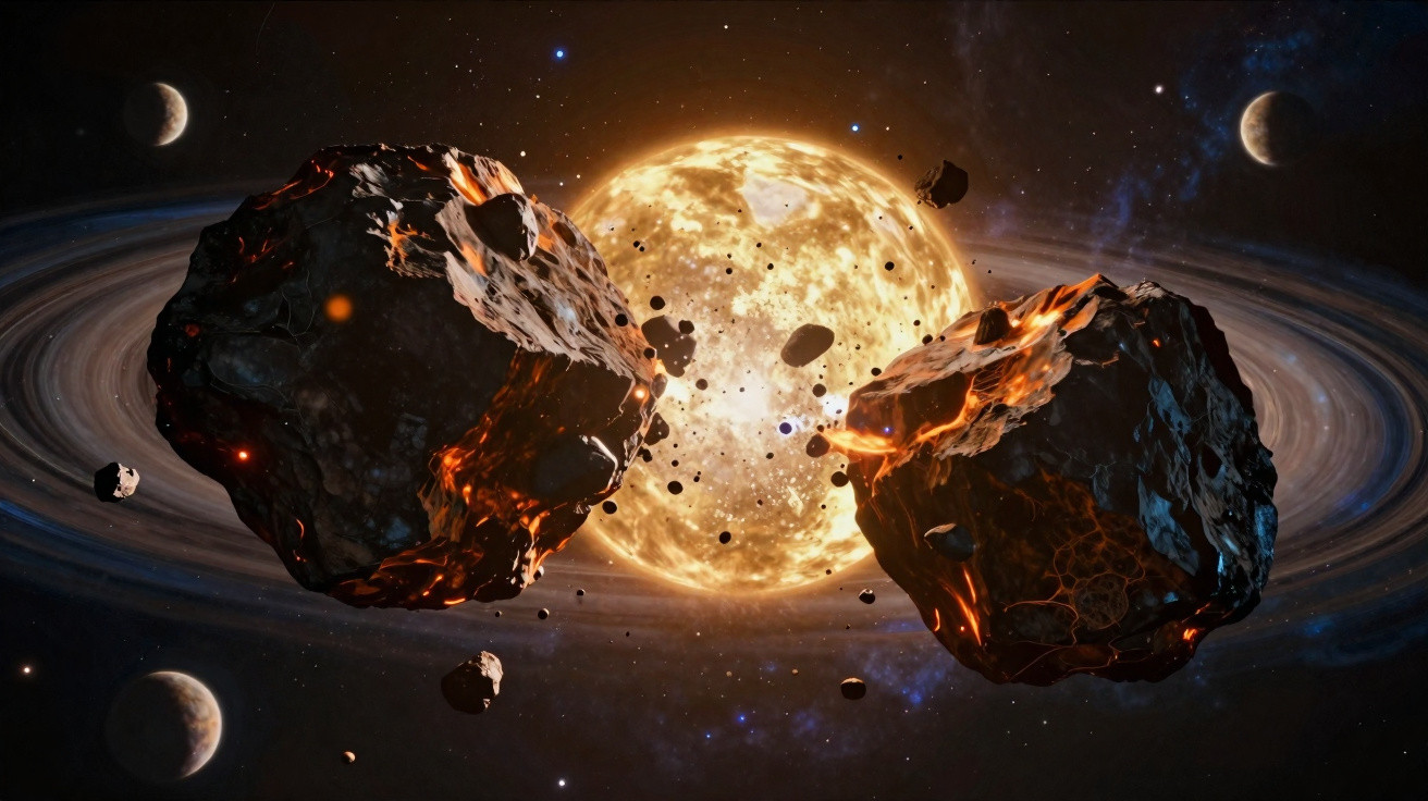Asteroides grandes com rachaduras incandescentes e pequenos fragmentos orbitando ao redor de uma estrela brilhante.