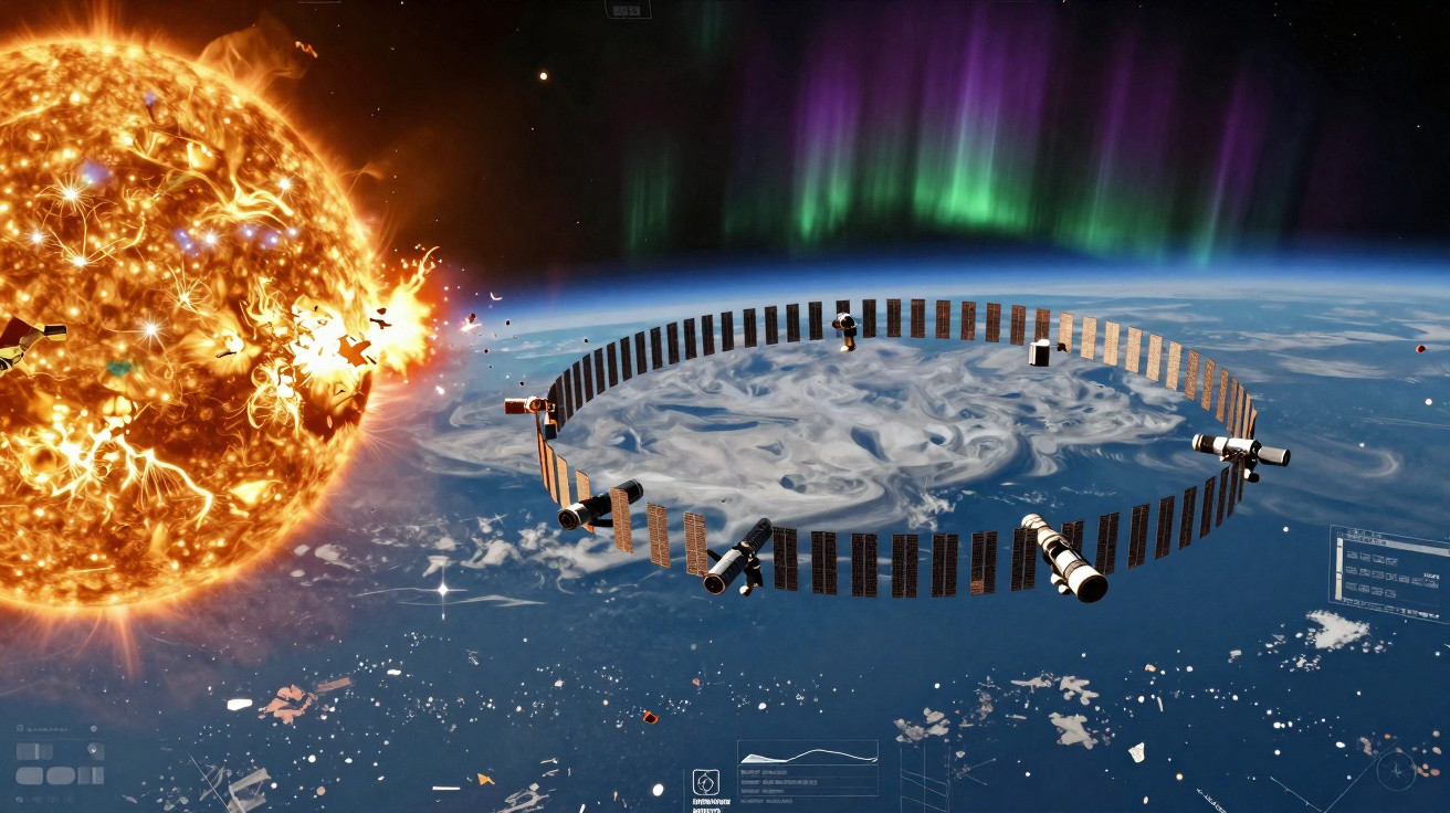 Ilustração do sol emitindo partículas em direção à Terra com anel orbital de satélites ao redor dela.