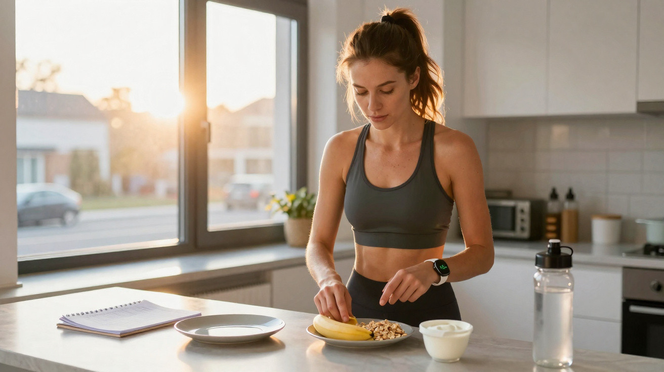Mulher em roupa esportiva prepara lanche saudável com banana e cereal na cozinha iluminada pelo sol.