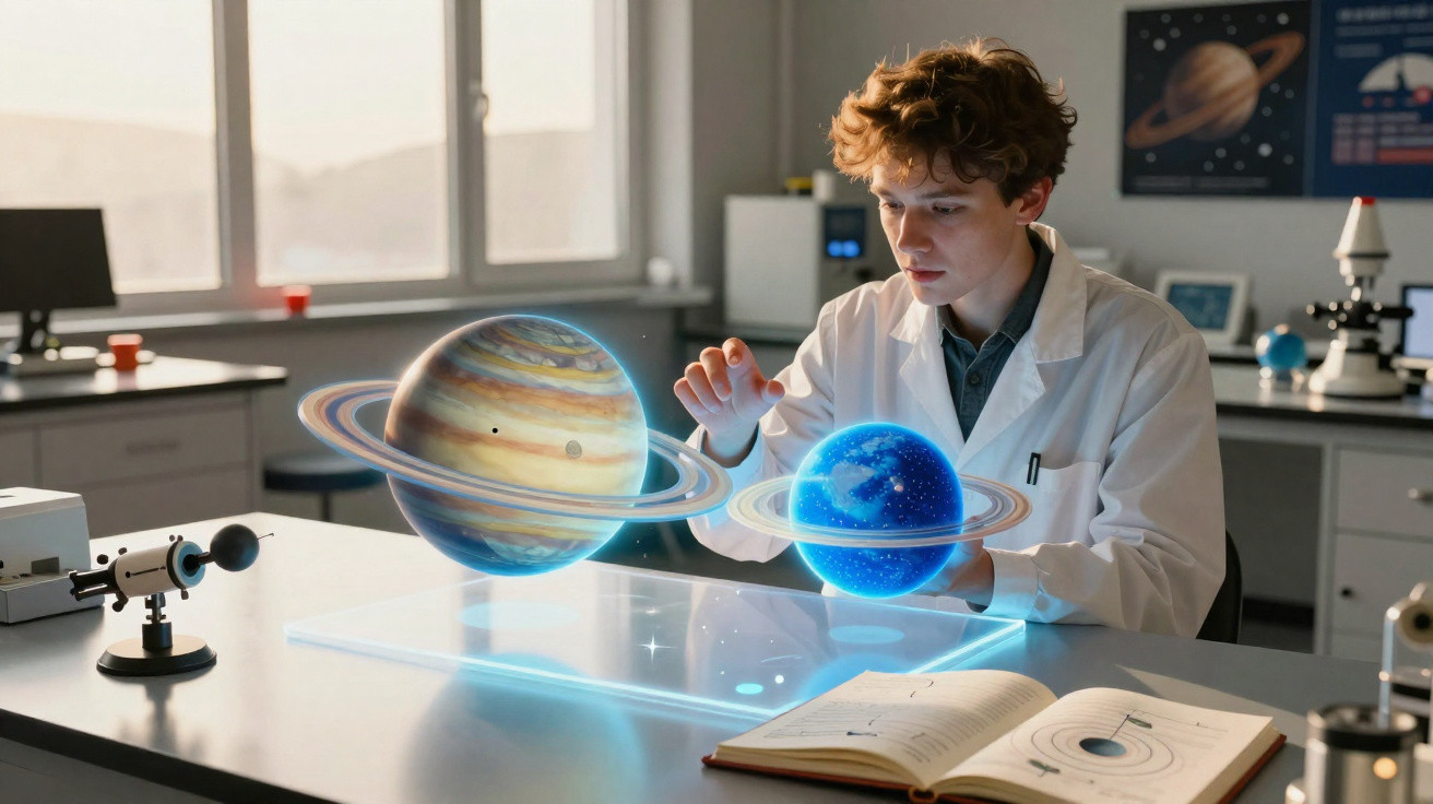 Jovem cientista em laboratório interage com modelos holográficos de planetas com anéis sobre mesa iluminada.