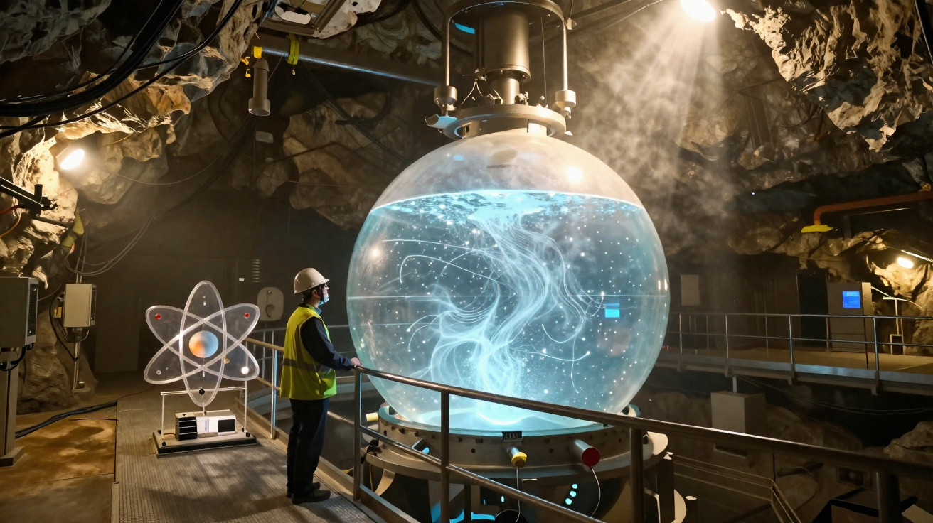 Homem de capacete e colete observa globo iluminado com simulação científica em laboratório subterrâneo rochoso.