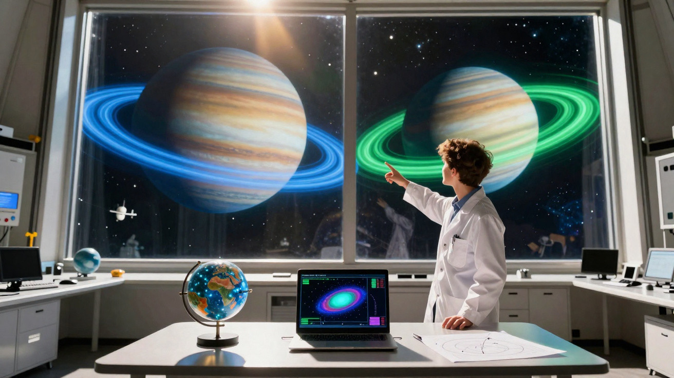 Cientista em laboratório observa dois planetas gigantes com anéis coloridos através de uma janela grande.