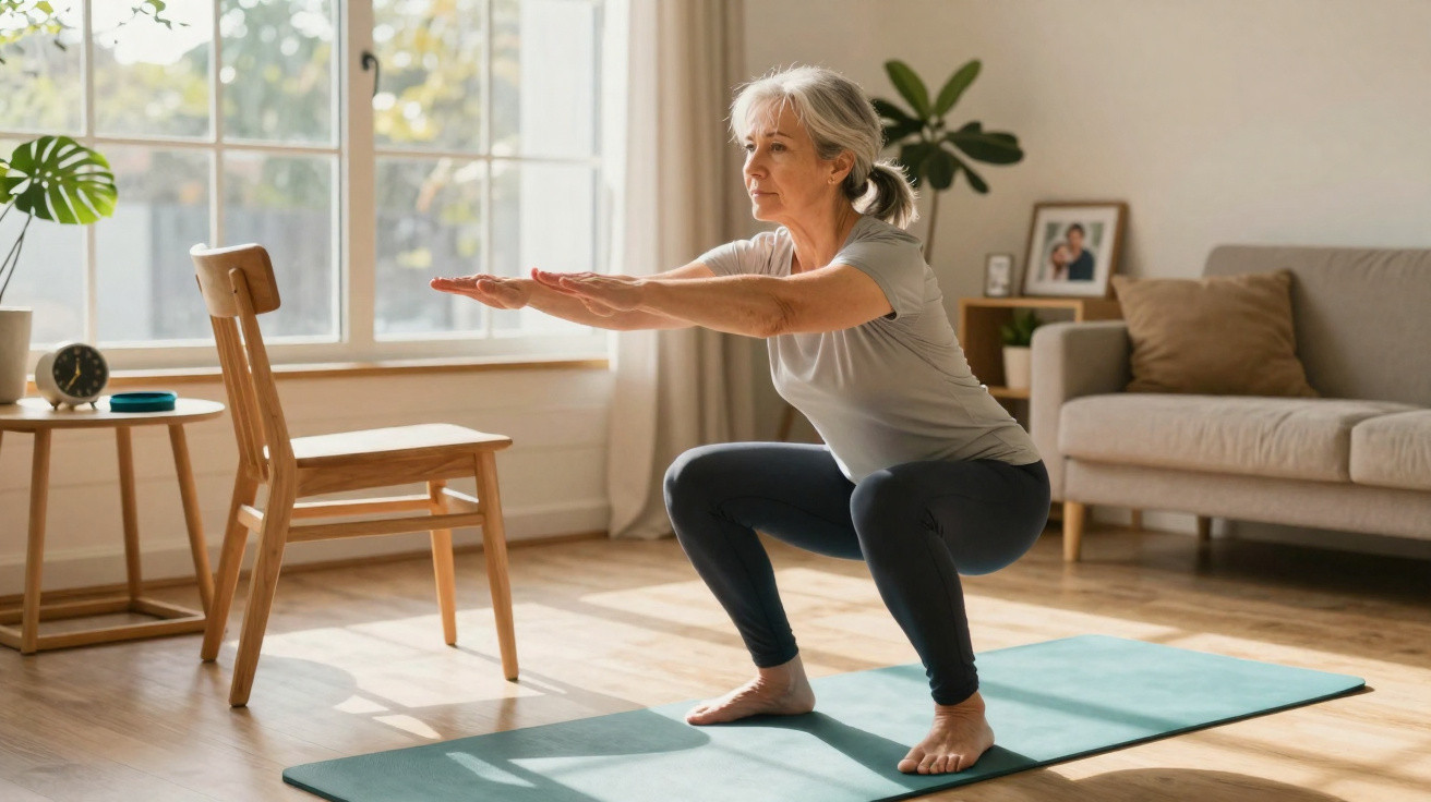 Mulher idosa fazendo agachamento em tapete de yoga na sala iluminada com cadeira e sofá ao fundo.