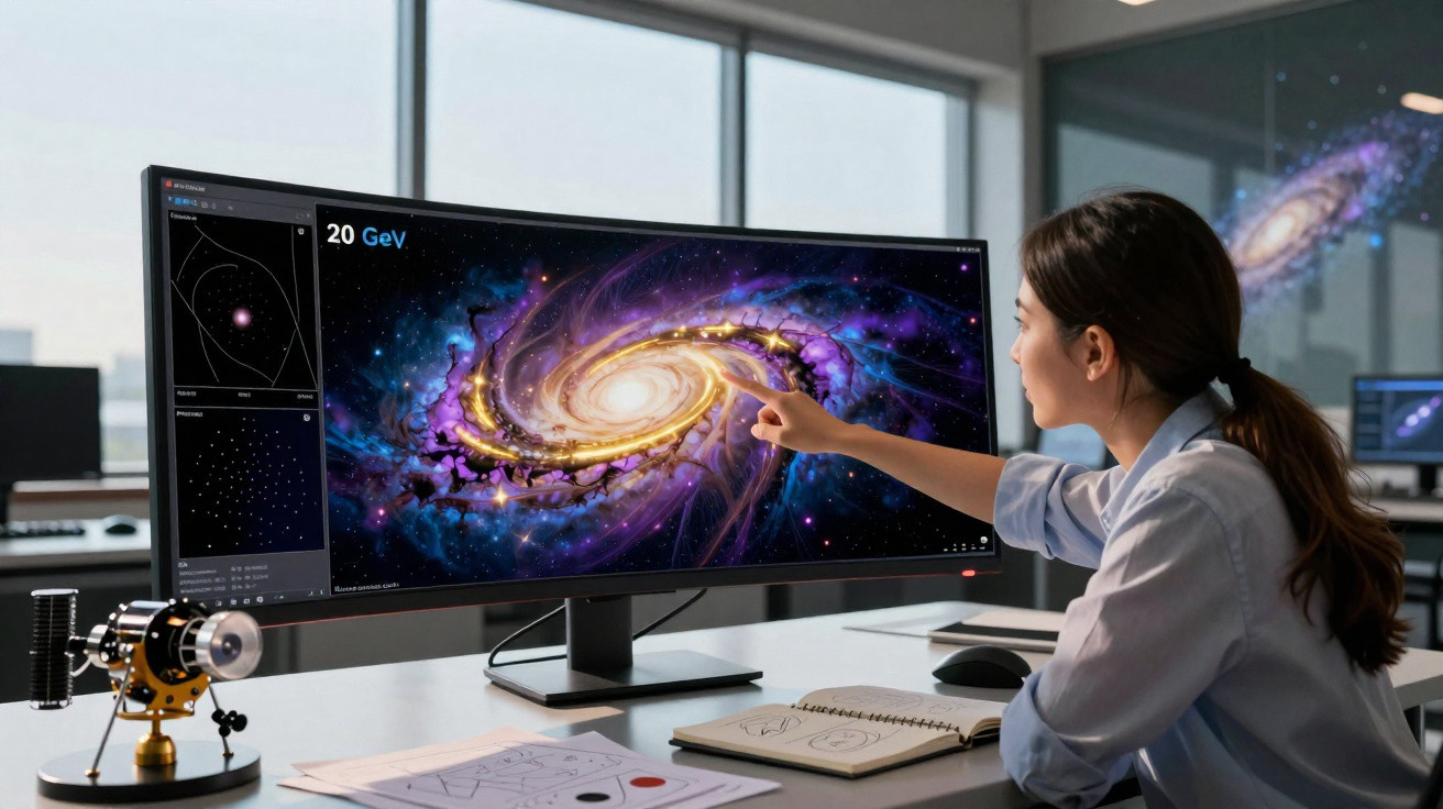 Mulher analisando imagem de galáxia colorida em monitor ultrawide em escritório moderno iluminado.