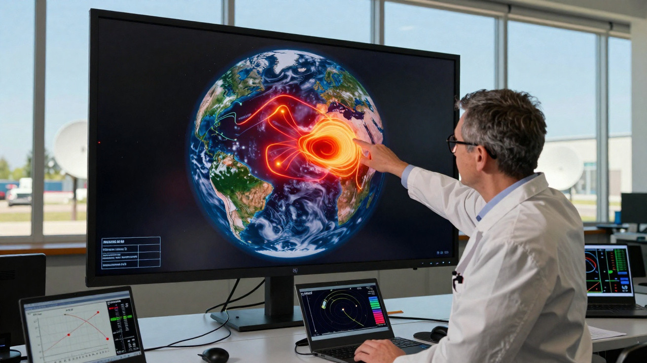 Cientista em laboratório analisando mapa digital da Terra com dados geoespaciais e áreas destacadas em neon.