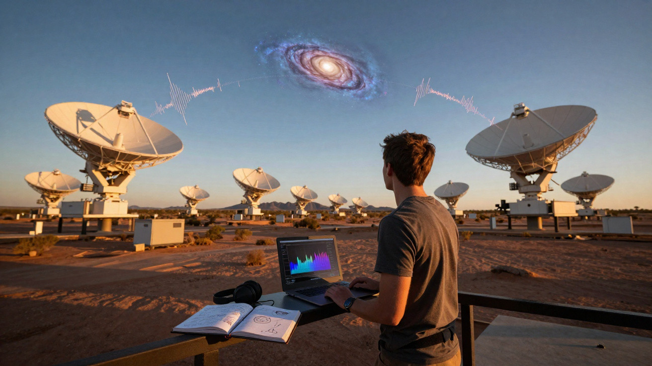 Jovem observa galáxia enquanto antenas parabólicas captam sinais no deserto ao entardecer.