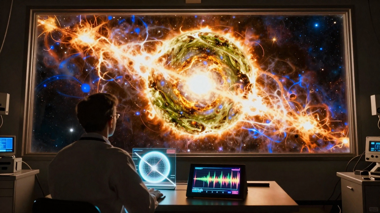 Cientista observa fenômeno cósmico brilhante e colorido em grande tela no laboratório escuro.