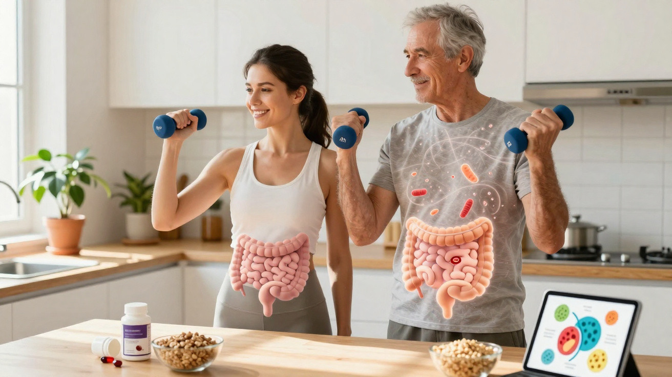 Jovem e idoso fazem exercícios com halteres na cozinha, destacando ilustrações do sistema digestivo.