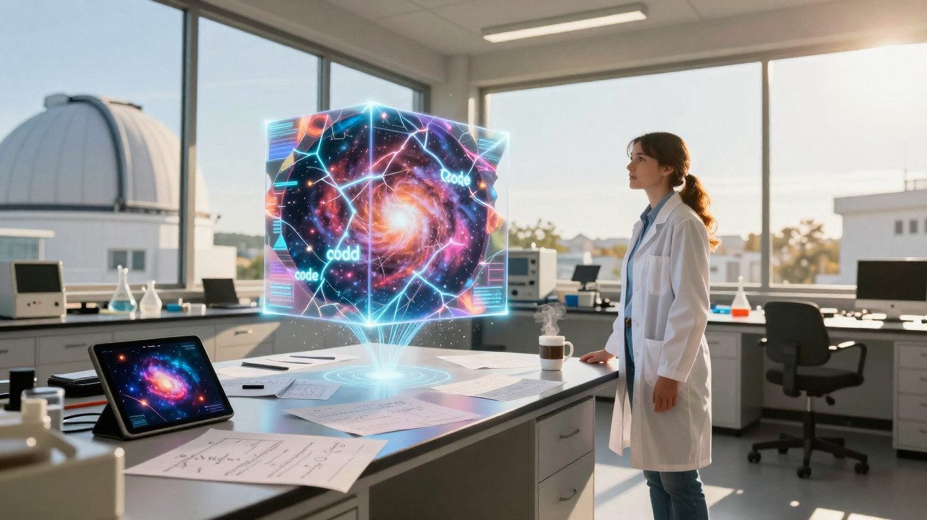 Mulher cientista observa holograma colorido de galáxia projetado em laboratório moderno.