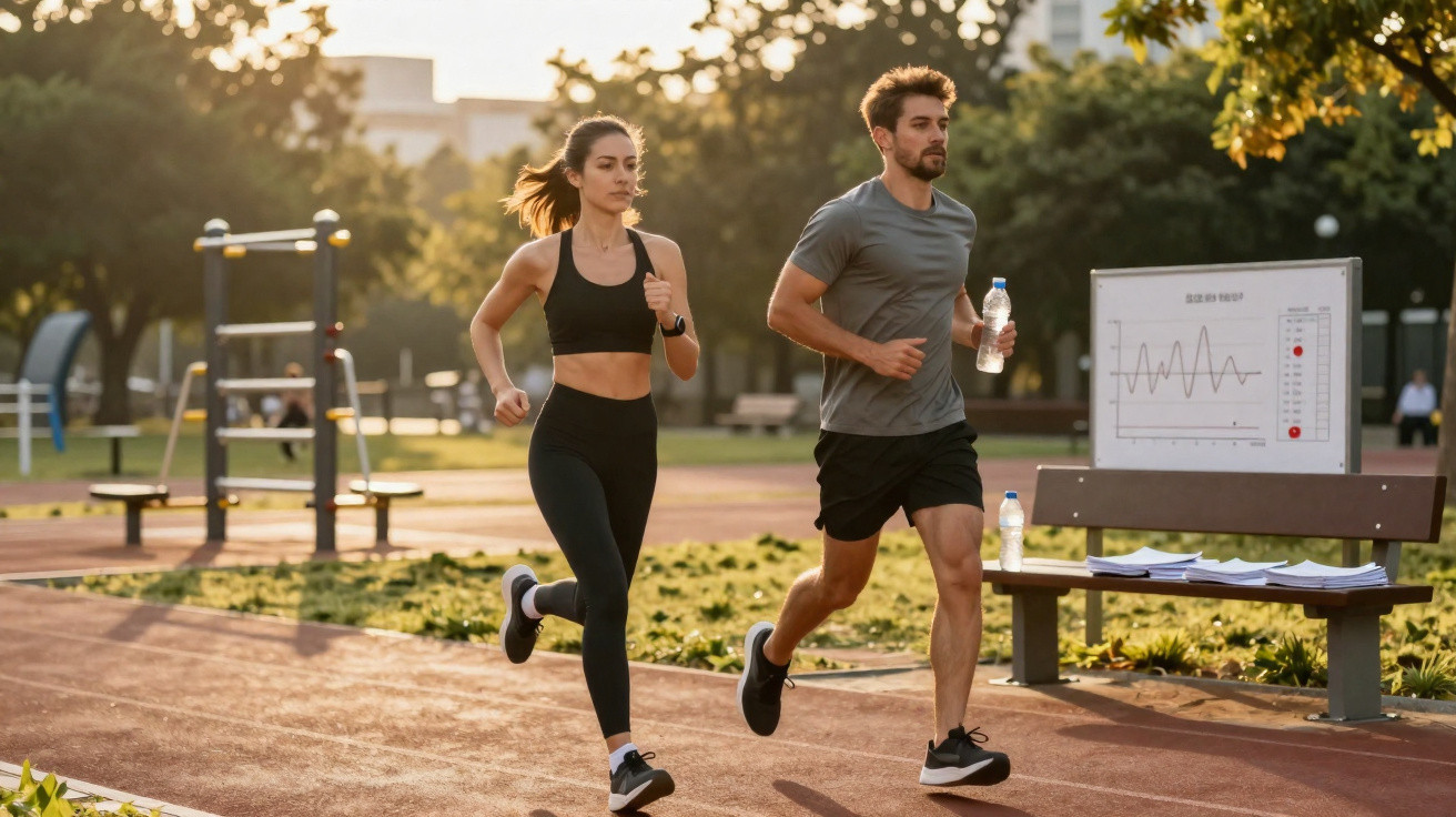 Casal correndo em pista ao ar livre durante o dia, ambos vestidos com roupas esportivas e tênis.