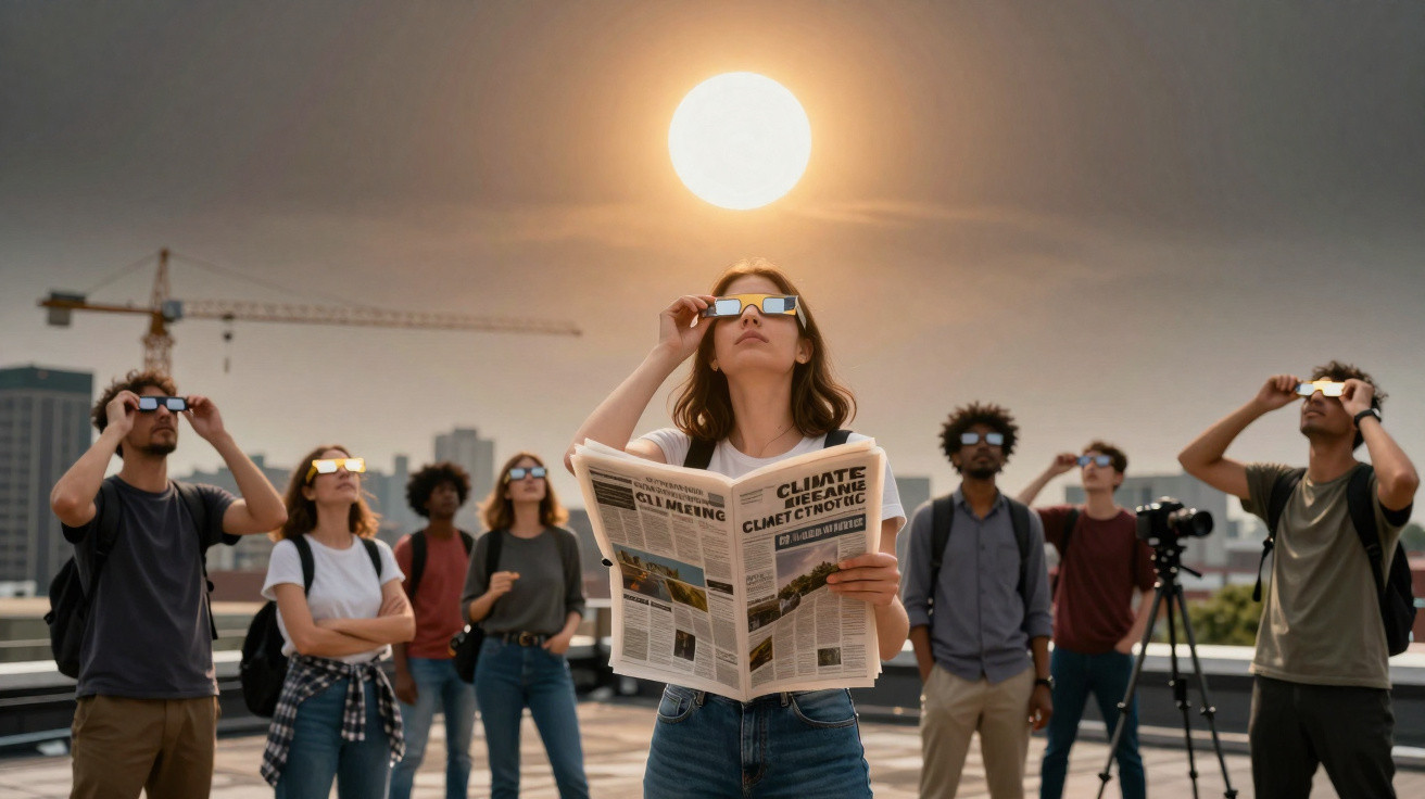 Grupo de pessoas em terraço observando eclipse solar com óculos especiais, mulher no centro lendo jornal sobre clima.