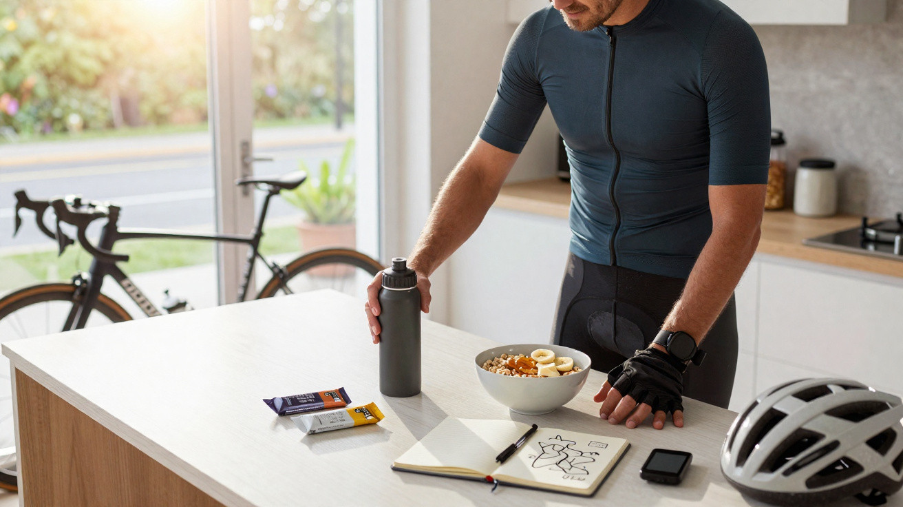 Homem em roupa de ciclismo na cozinha com bicicleta, capacete, garrafa d'água, notebook e lanche.