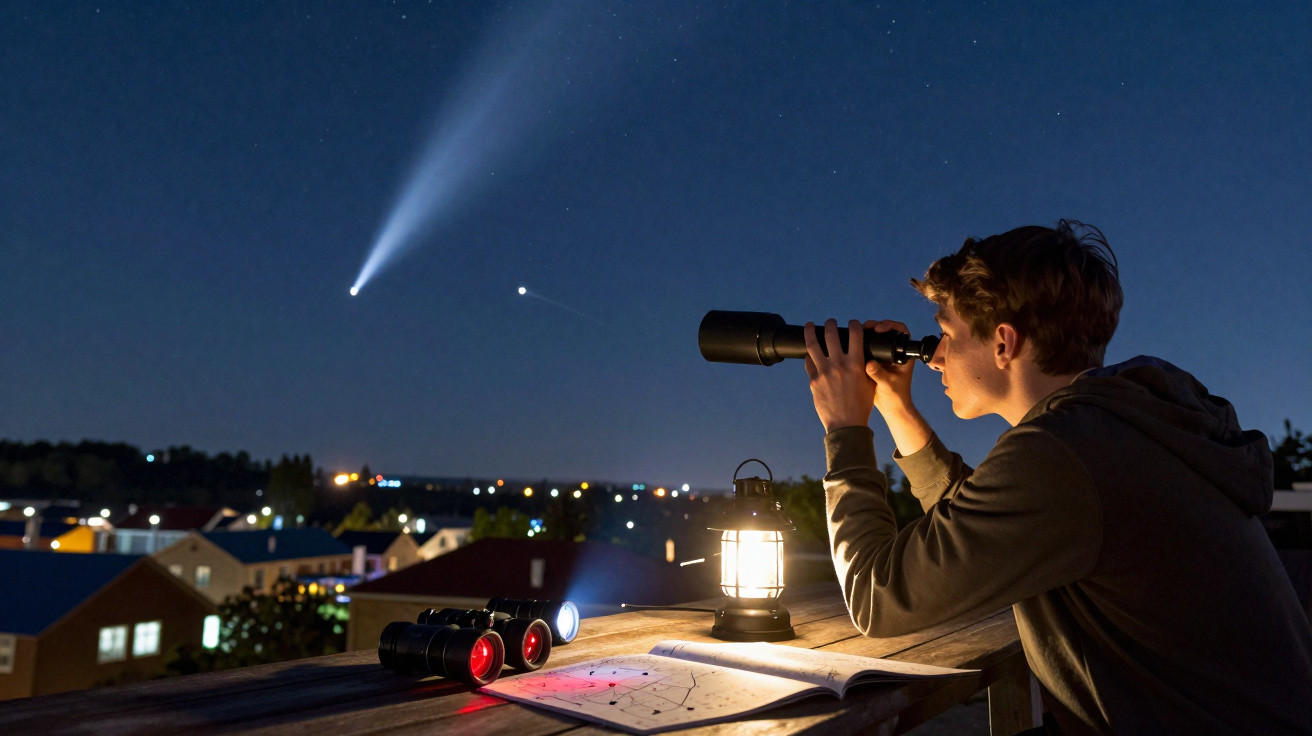 Jovem observando o céu noturno com binóculos e mapa astronômico, com cometa visível ao fundo.