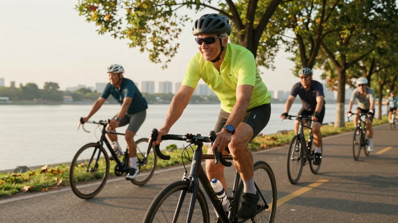 Grupo de ciclistas pedalando em ciclovia próxima a um rio com árvores ao redor em dia ensolarado.