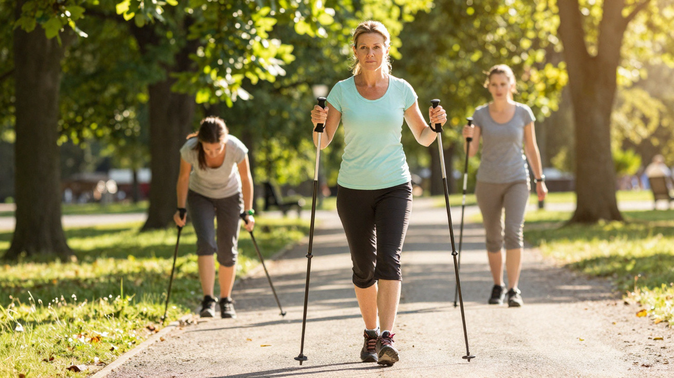 Três mulheres praticando caminhada com bastões em parque ensolarado com árvores ao fundo.
