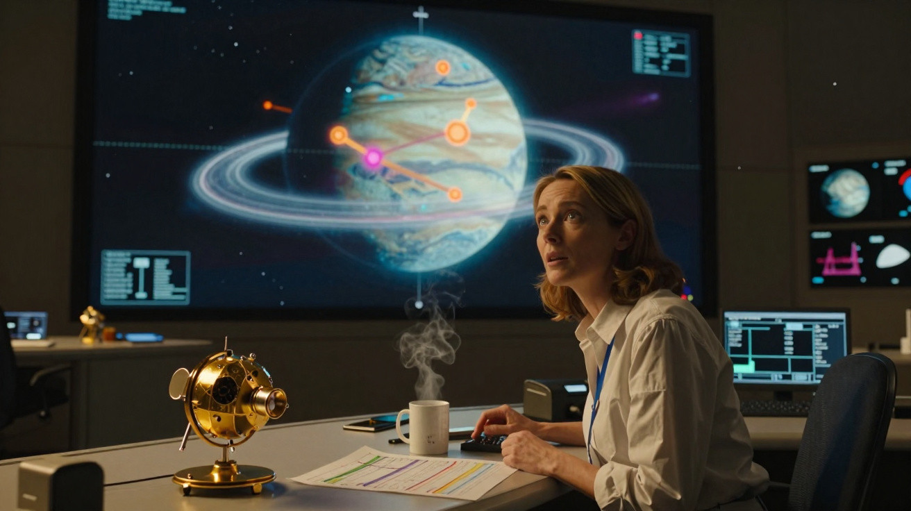 Mulher observa planeta com anéis exibido em tela grande em sala de controle de missão espacial.