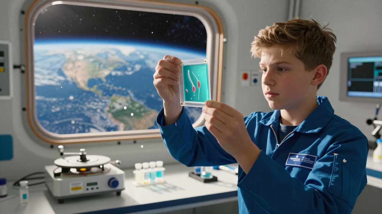 Criança vestindo macacão azul segura slide com espermatozoides dentro de nave espacial, Terra ao fundo.
