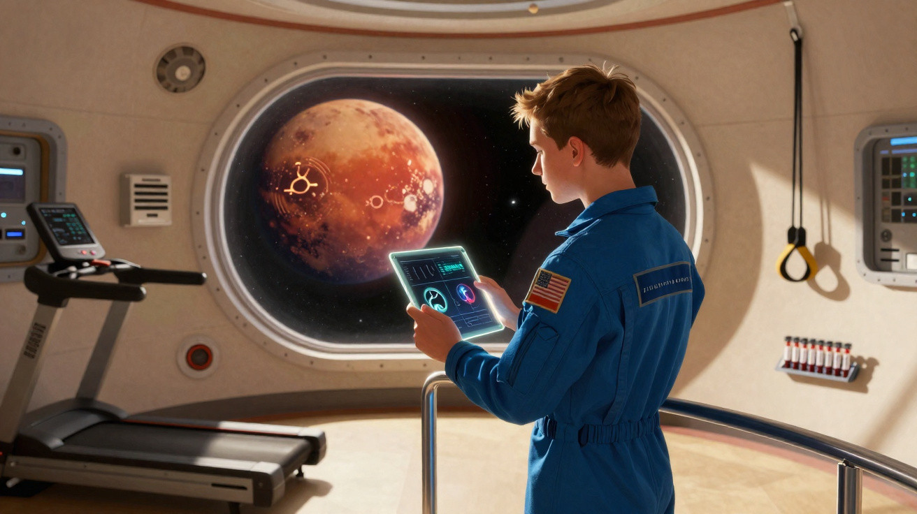 Criança astronauta em traje espacial usando tablet dentro de nave com vista para planeta vermelho pela janela.