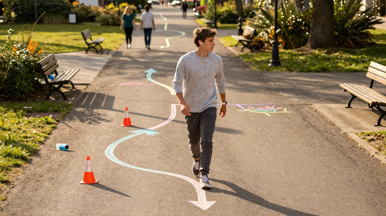 Jovem caminhando em parque com caminho de setas coloridas desenhadas no chão e cones de sinalização.