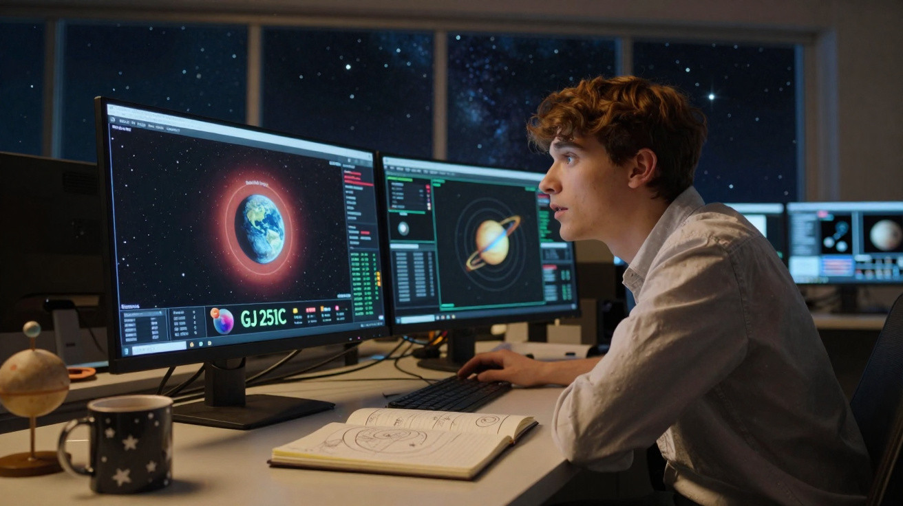 Jovem observa imagens de planetas e sistema solar em múltiplos monitores no ambiente de trabalho.