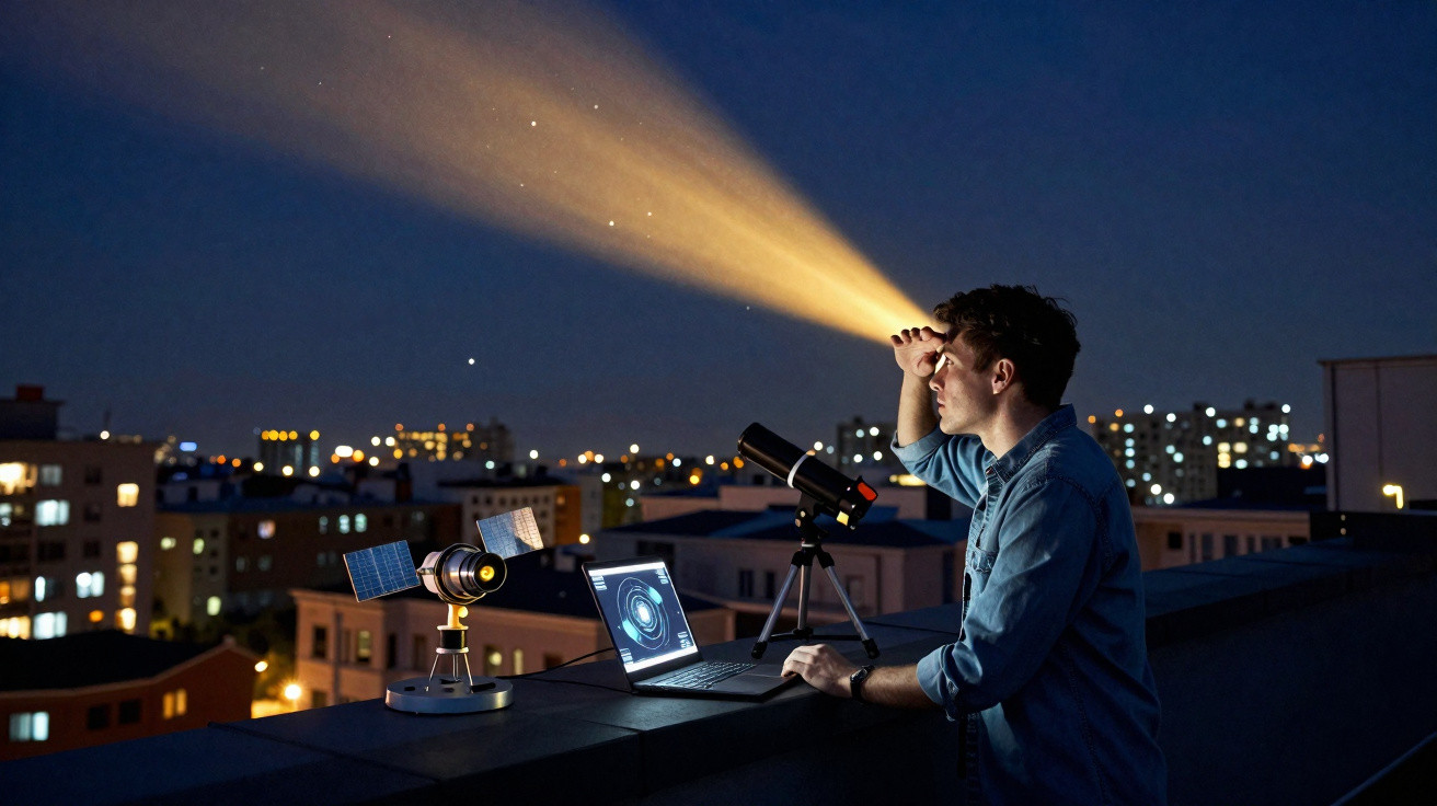 Homem observa o céu noturno com telescópio e laptop em varanda de prédio na cidade iluminada.