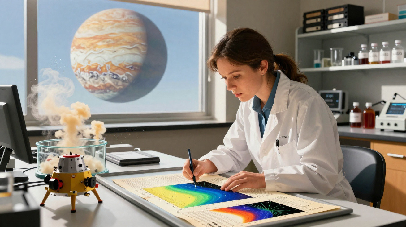 Mulher cientista em laboratório, analisando gráficos coloridos de mapas planetários na mesa.