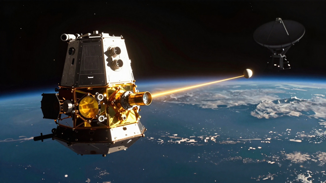 Satélite em órbita terrestre transmitindo sinal para uma grande antena parabólica no espaço.