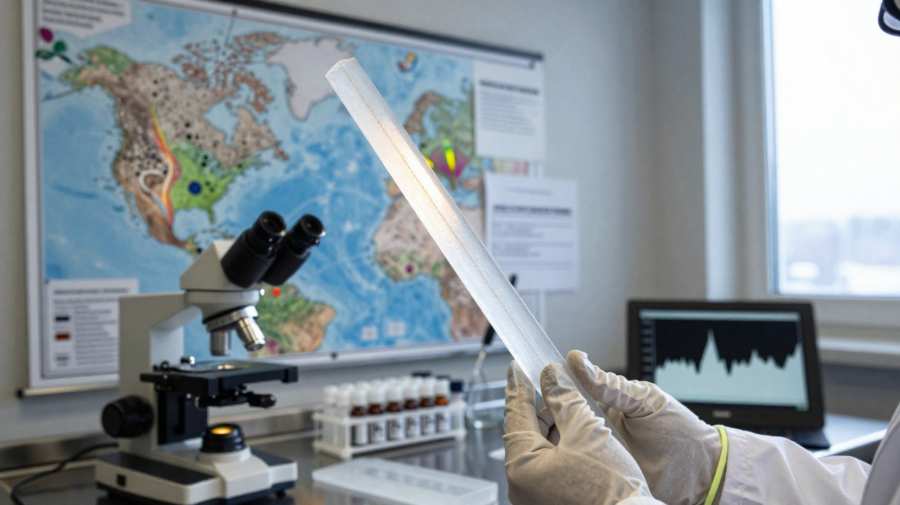 Mãos com luvas seguram lâmina de vidro em laboratório com microscópio e mapa geológico ao fundo.