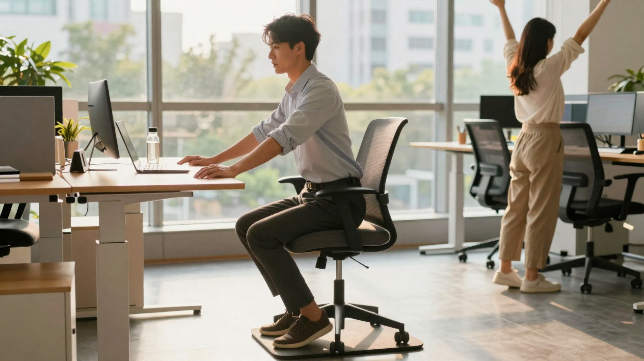 Homem sentado em cadeira de escritório ajustável, mulher ao fundo se alongando perto de mesa com computador.