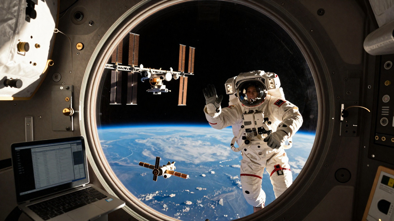 Astronauta em traje espacial acenando do lado de fora da estação espacial com a Terra ao fundo.