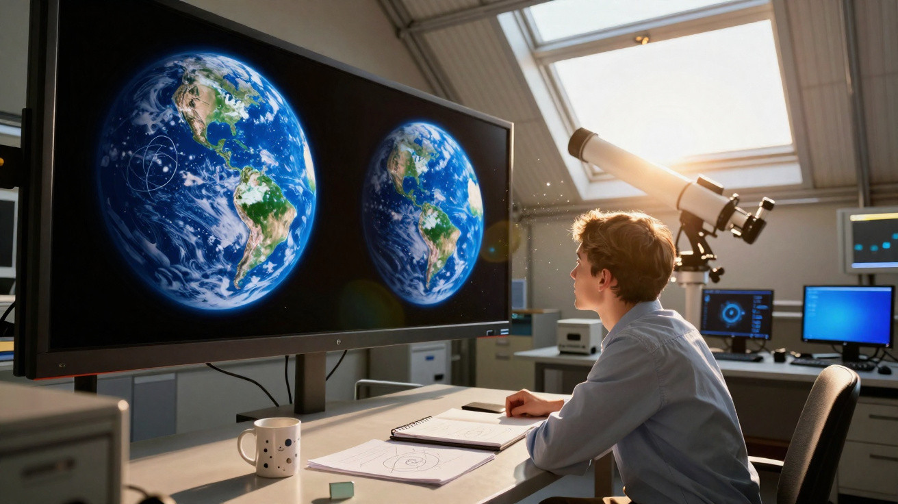 Jovem observando imagens da Terra em dois monitores grandes, sentado em escritório com telescópio ao fundo.